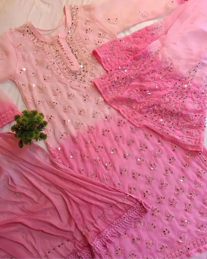 a pink dress with intricate detailing. The dress appears to be made of a soft, flowing fabric adorned with detailed embellishments that give it a luxurious feel. A small green plant is placed on the dress, adding a touch of natural beauty to the overall presentation. The dress has an elegant neckline visible, suggesting it’s a piece of formal or festive clothing. The background is plain which helps in highlighting the details of the dress.