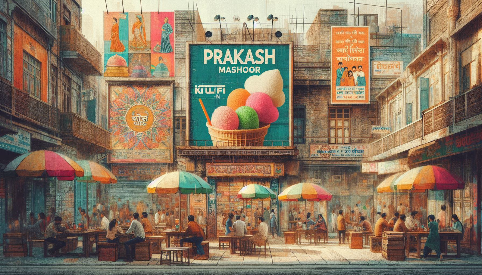 Buildings: Traditional-style buildings with intricate designs and balconies line both sides of the street. The facades are adorned with various posters and signs. Advertisements: A large green billboard prominently displays “PRAKASH MASHOOR KULFI” along with an image of a bowl of colorful kulfis (a type of Indian ice cream). Several smaller posters and signs in different languages are visible, including one promoting a film. Street Art: On the left wall, there’s a beautiful mural depicting figures in traditional attire engaged in various activities. People: Numerous individuals are seated at wooden tables under colorful umbrellas, enjoying their meals and engaged in conversations. Umbrellas: Multi-colored umbrellas provide shade to the outdoor seating area, adding vibrancy to the scene. Tables and Chairs: Wooden tables and chairs are arranged on the street, creating a communal dining space.