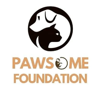 the Pawsome Foundation logo. It consists of a circular emblem with silhouettes of a dog and a cat facing each other, creating a yin-yang effect. The dog and cat are black, set against a white background within the circle. Below the circular logo, the bold text reads “PAWSOME FOUNDATION,” where the word “PAWSOME” creatively incorporates a paw print as the letter ‘O’. The entire text logo is in an orange-brown color.