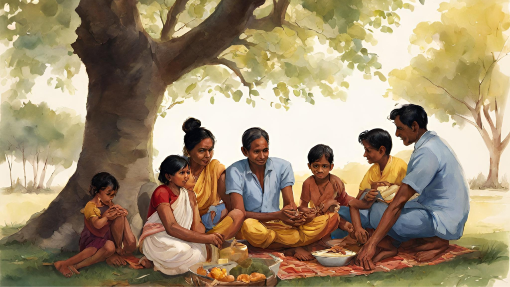 a family is sitting under a mahogany tree and enjoy picnic