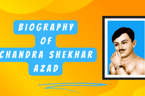 The background is orange with a gradient effect, darker at the top and lighter at the bottom. A large blue puzzle piece shape is centered in the image, featuring the text “BIOGRAPHY OF CHANDRA SHEKHAR AZAD” in white capital letters. To the right of the puzzle piece, there’s a framed portrait of a person. However, their face has been intentionally obscured with a gray block. The person in the portrait appears to be shirtless and wears a watch on their left wrist. Below the puzzle piece, there are two blue brush strokes.