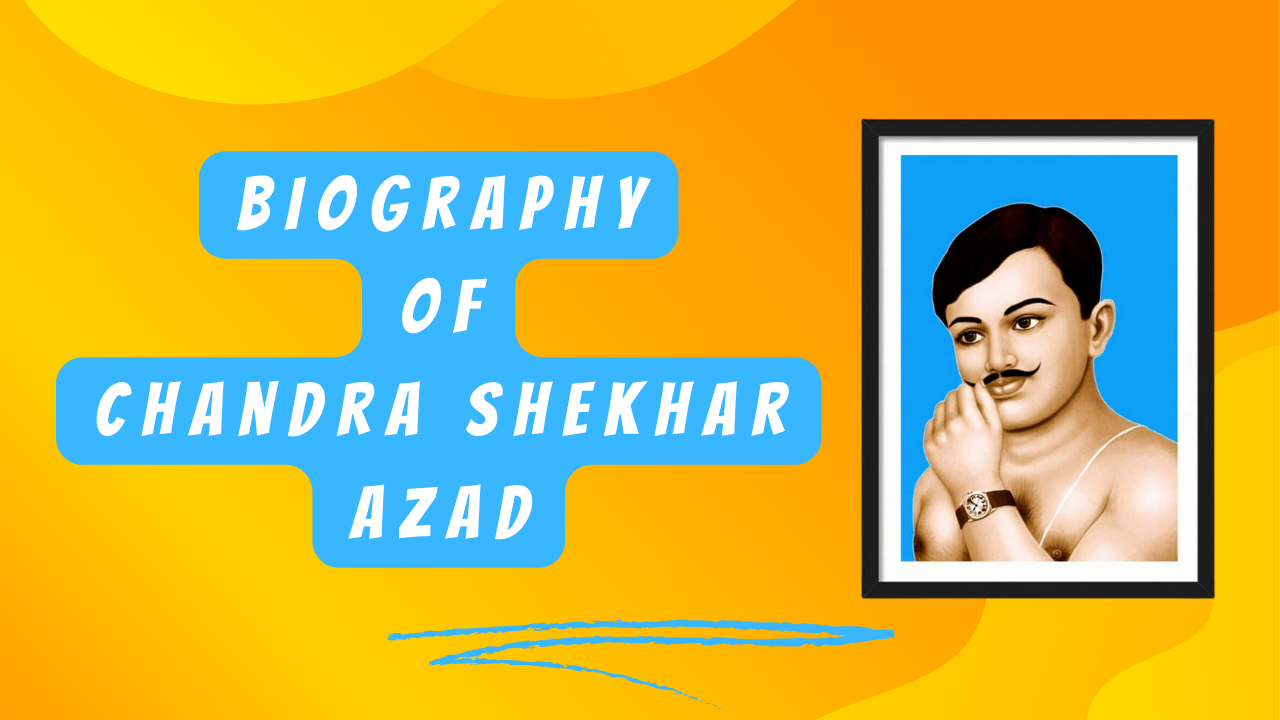 The background is orange with a gradient effect, darker at the top and lighter at the bottom. A large blue puzzle piece shape is centered in the image, featuring the text “BIOGRAPHY OF CHANDRA SHEKHAR AZAD” in white capital letters. To the right of the puzzle piece, there’s a framed portrait of a person. However, their face has been intentionally obscured with a gray block. The person in the portrait appears to be shirtless and wears a watch on their left wrist. Below the puzzle piece, there are two blue brush strokes.