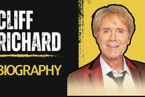 a biography titled “Cliff Richard.” The background is divided diagonally, with the left side in yellow and the right side in white. The prominent black text on the yellow background reads “CLIFF RICHARD,” while below it, in smaller black text on the white background, is the word “BIOGRAPHY.” An illustration or photo of a person wearing a red jacket, shirt, and tie is featured, although their face has been intentionally obscured with a beige rectangle for privacy. Brush stroke effects in black adorn both sides of the background.