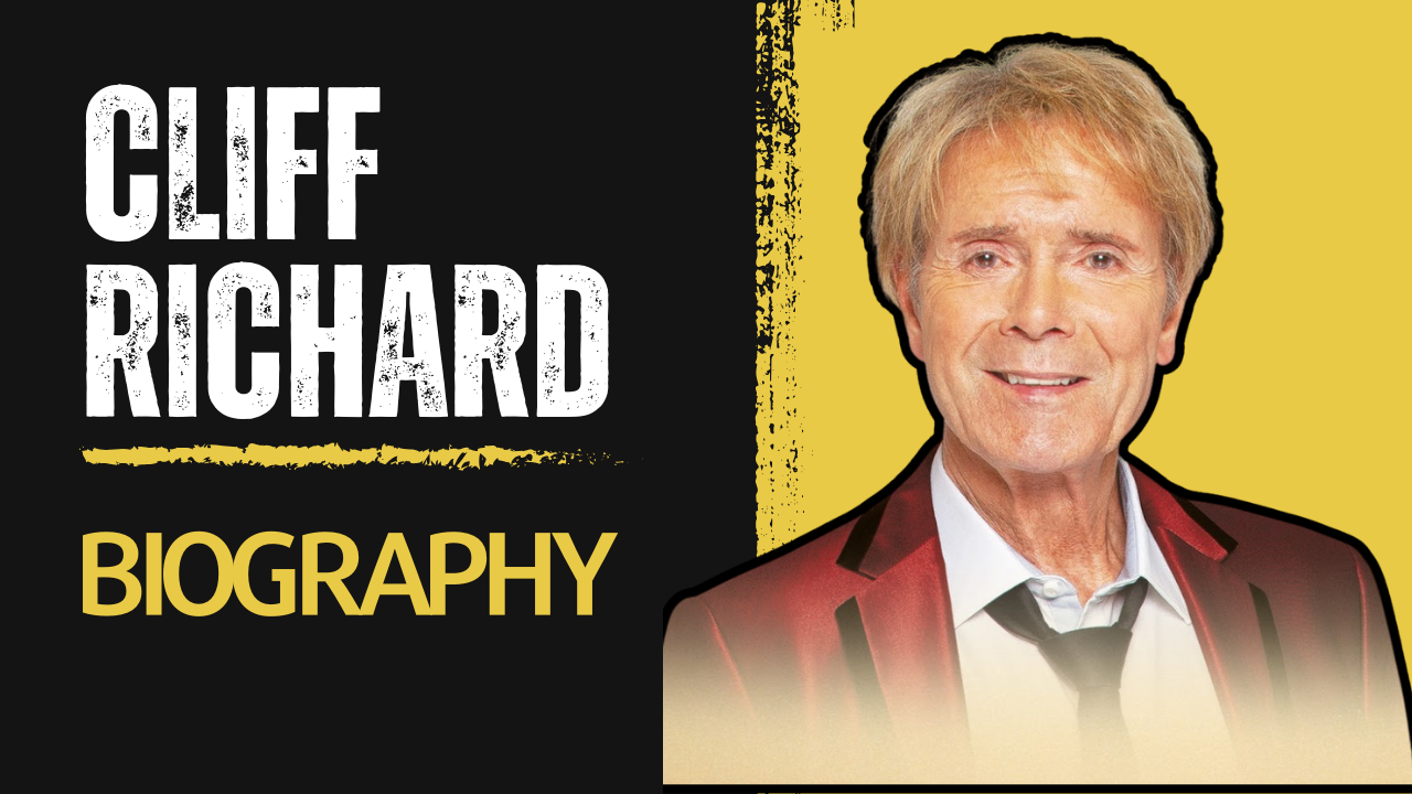 a biography titled “Cliff Richard.” The background is divided diagonally, with the left side in yellow and the right side in white. The prominent black text on the yellow background reads “CLIFF RICHARD,” while below it, in smaller black text on the white background, is the word “BIOGRAPHY.” An illustration or photo of a person wearing a red jacket, shirt, and tie is featured, although their face has been intentionally obscured with a beige rectangle for privacy. Brush stroke effects in black adorn both sides of the background.