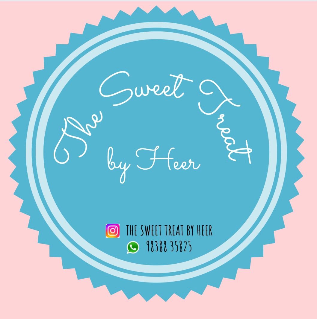 the logo of The Sweet Treat by Heer and also write Instagram ID and whatsaap number and the logo background is blue colour