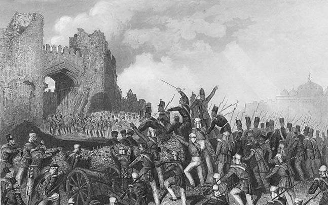 A large group of soldiers, both on horseback and on foot, engage in combat.
They wear armor, helmets, and carry weapons like spears and swords.
The backdrop features a damaged stone archway or gate, possibly part of a castle or fortress.
Clouds of smoke or dust envelop the battlefield, adding to the chaotic atmosphere.
In the distance beyond the archway, structures resembling town or city buildings can be seen.